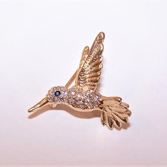 14K Gold Pave Diamond Blue Sapphire Pin Brooch - Hummingbird in Flight - Picture 1 of 7